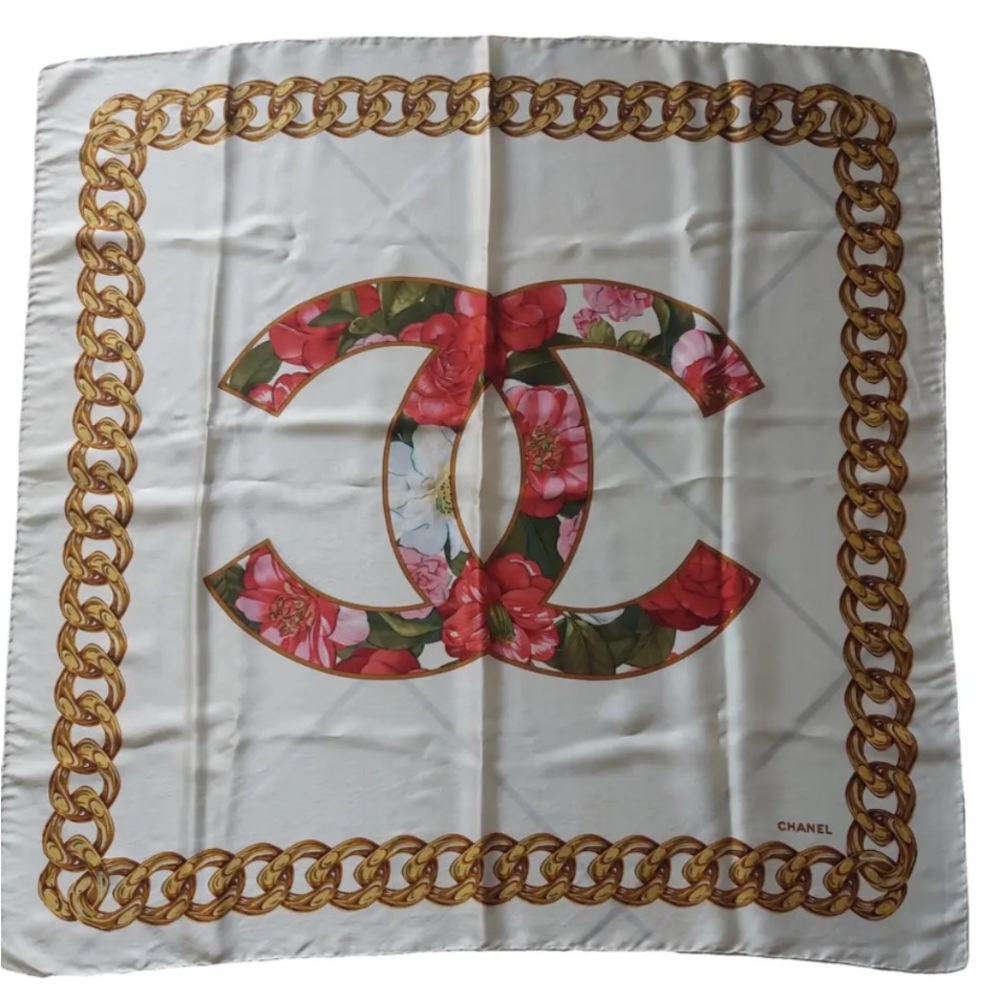 Chanel Chain and Floral Silk Scarf - , Gold, and Pink
